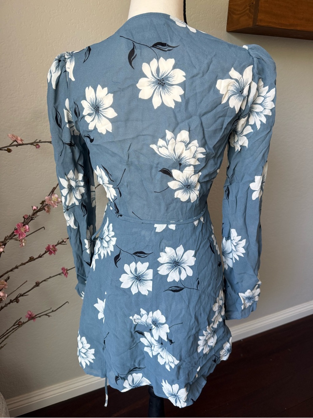 Reformation Floral Wrap Mini Dress in Slate Blue - Picture 4 of 6